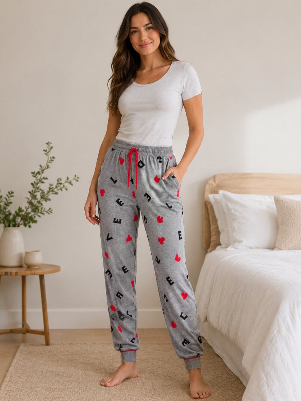 Joyspun LOVE Hearts Pajama Jogger Pants Gray Women’s L 12-14